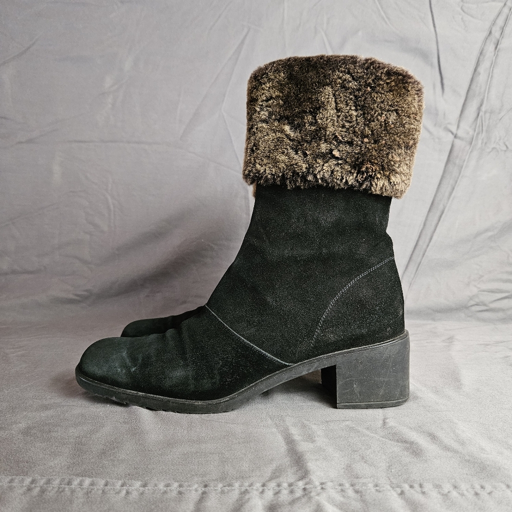 Salvatore Ferragamo Black Black Suede w/ Faux Fur Trim Heeled Boots Size 10 2A - Picture 2 of 10